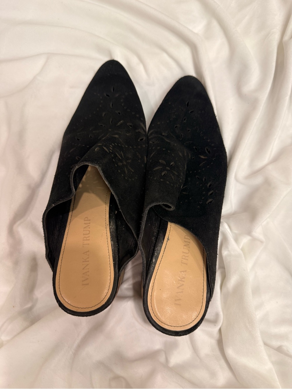 Ivanka Trump Black Laser-Cut Suede Mules